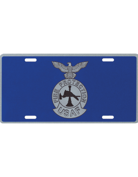 License Plate, Silver, USAF Fire Chief on Blue Background