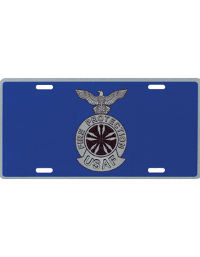 License Plate, Silver, USAF Firefighter on Blue Background