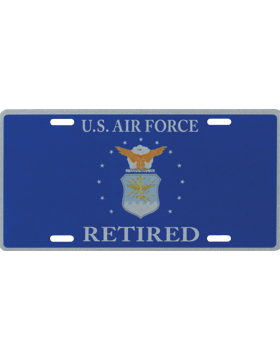 License Plate, Silver, USAF Retired with Shield on Blue