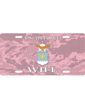 License Plate, White, USAF Wife with  Shield on Pink Camo