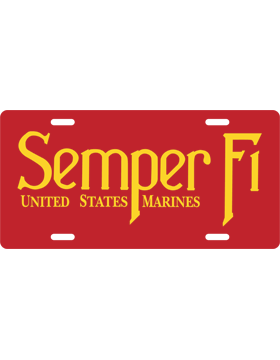License Plate, White, Semper Fi US Marines Yellow on Red