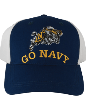 BC-USNA-308 Ball Cap Light Navy Bill, Yellow Go Navy, Goat design