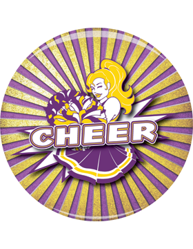 School Spirit Button, Cheer, Yellowith Purple, 2.25in